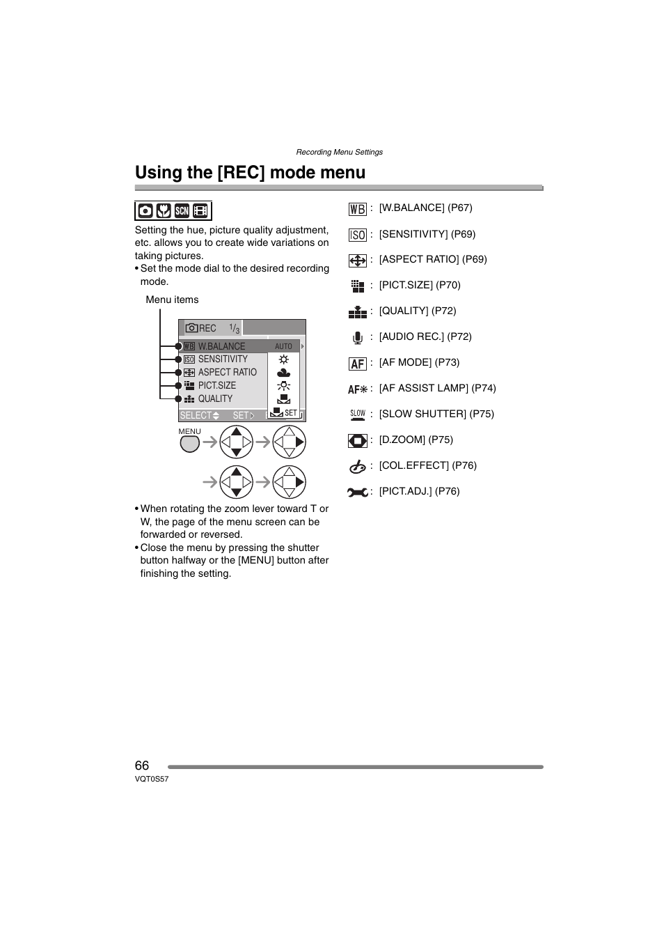 Recording menu settings, Using the (rec) mode menu, Using the [rec] mode menu | Panasonic DMC-FX9PP User Manual | Page 66 / 124
