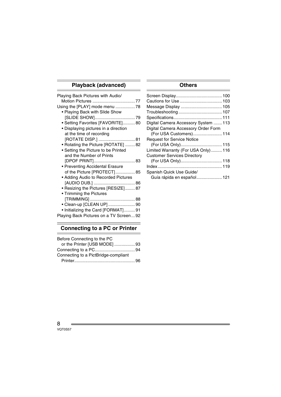 Playback (advanced), Connecting to a pc or printer, Others | Panasonic DMC-FX9PP User Manual | Page 8 / 124