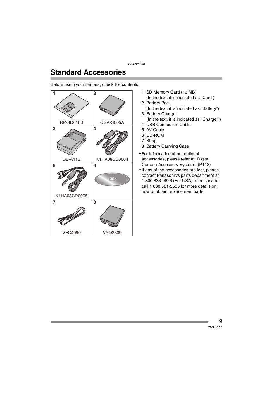 Preparation, Standard accessories | Panasonic DMC-FX9PP User Manual | Page 9 / 124