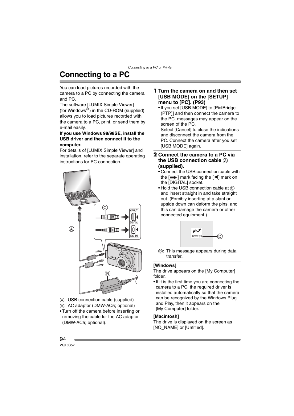 Connecting to a pc | Panasonic DMC-FX9PP User Manual | Page 94 / 124