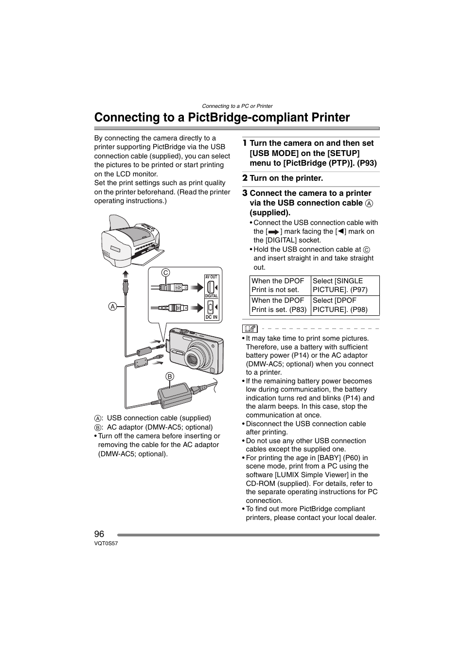 Connecting to a pictbridge-compliant printer | Panasonic DMC-FX9PP User Manual | Page 96 / 124
