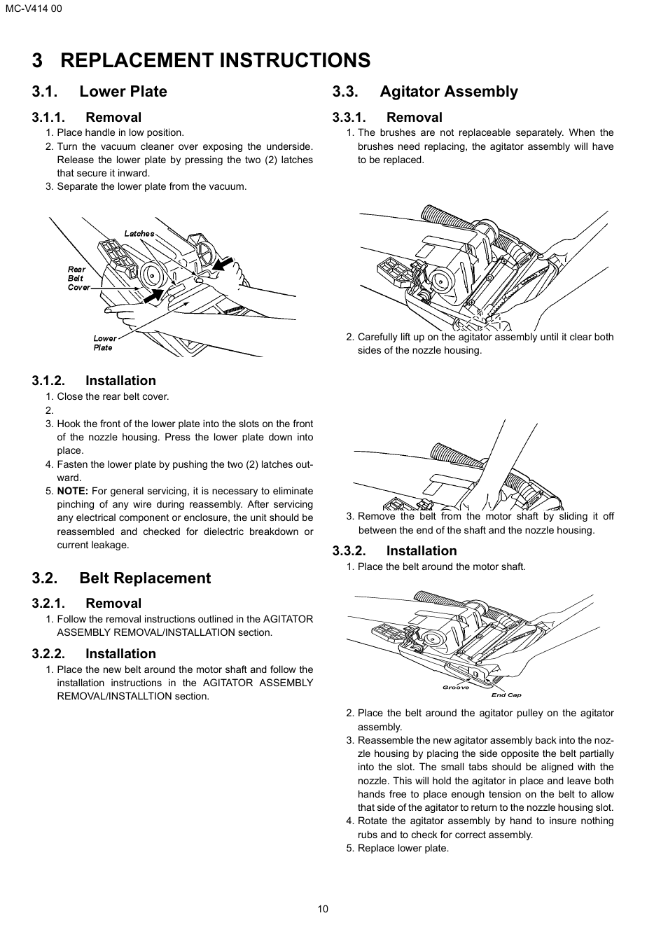 3 replacement instructions, Lower plate, Belt replacement | Agitator assembly | Panasonic MC-V414 00 User Manual | Page 10 / 13