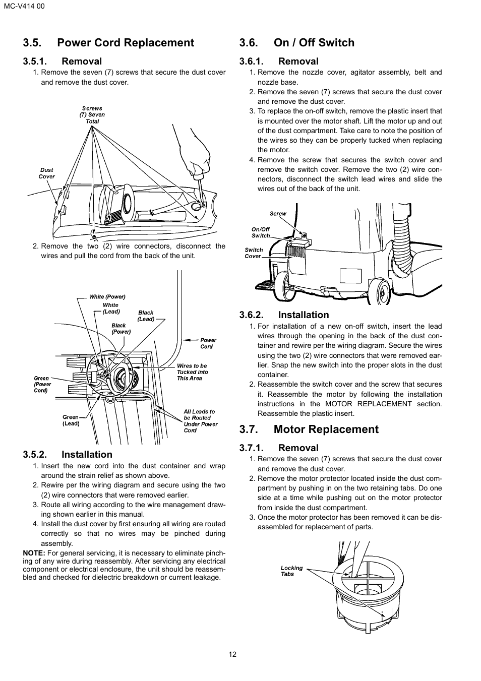 Power cord replacement, On / off switch, Motor replacement | Panasonic MC-V414 00 User Manual | Page 12 / 13