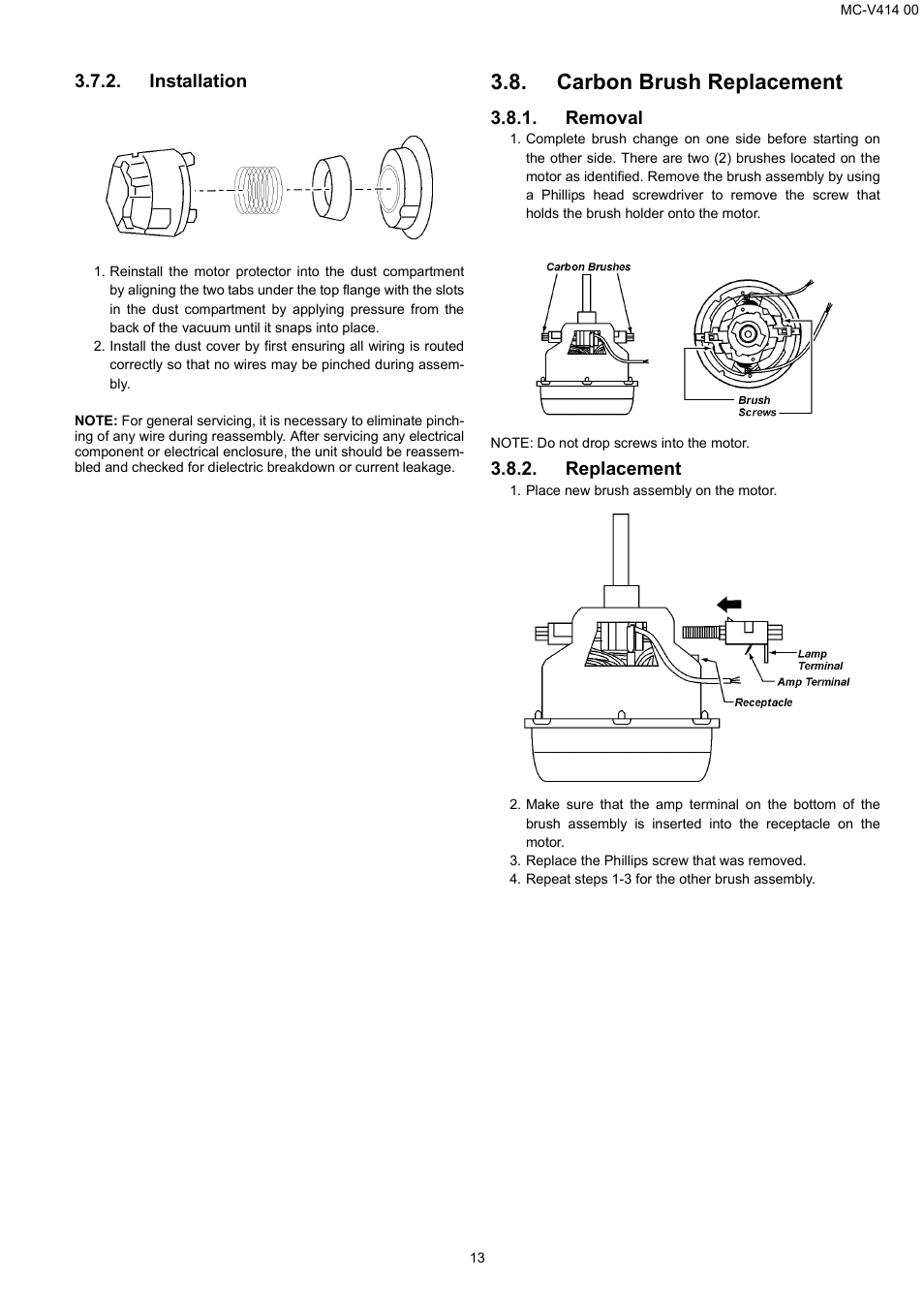 Carbon brush replacement | Panasonic MC-V414 00 User Manual | Page 13 / 13