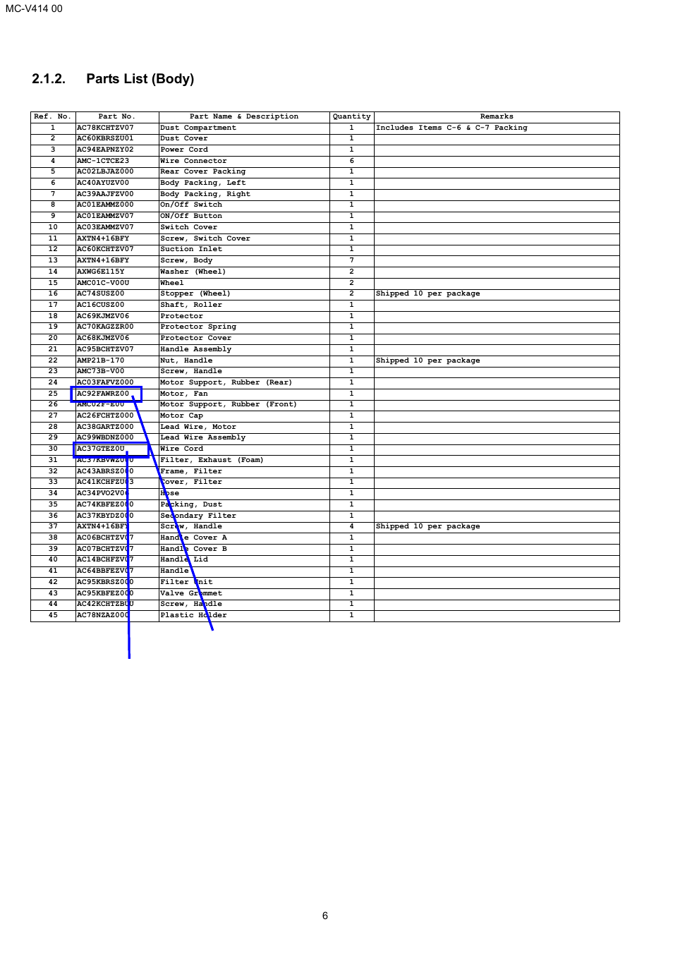 Parts list (body), Remove zero 