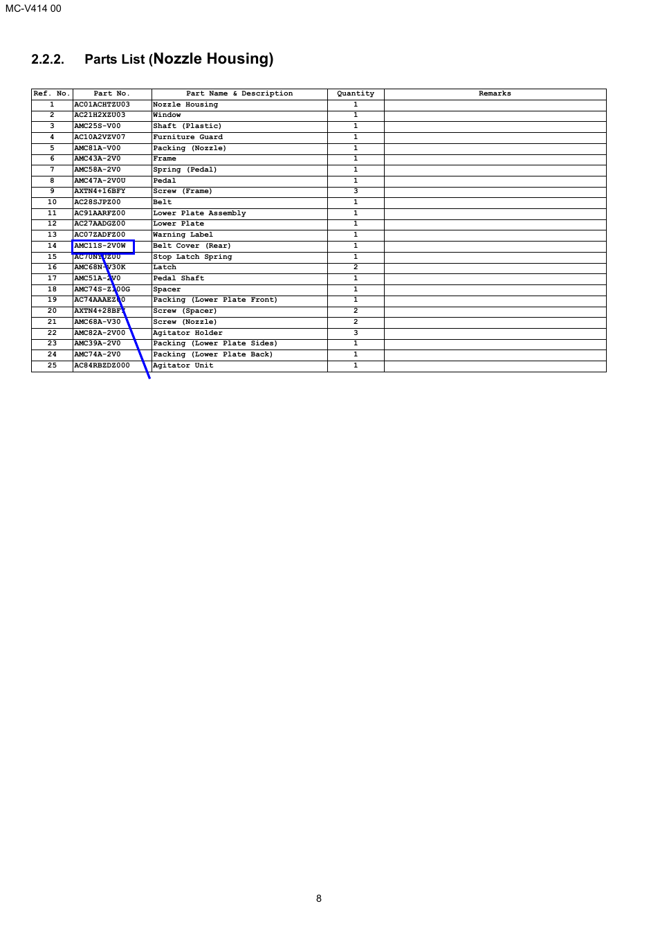 Nozzle housing), Parts list, Change the 5 to "s | Panasonic MC-V414 00 User Manual | Page 8 / 13