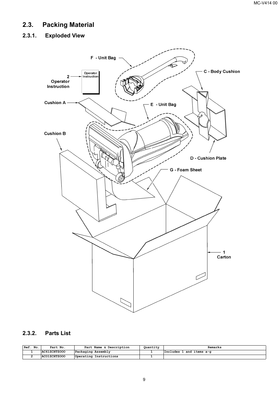 Packing material, Exploded view 2.3.2. parts list | Panasonic MC-V414 00 User Manual | Page 9 / 13