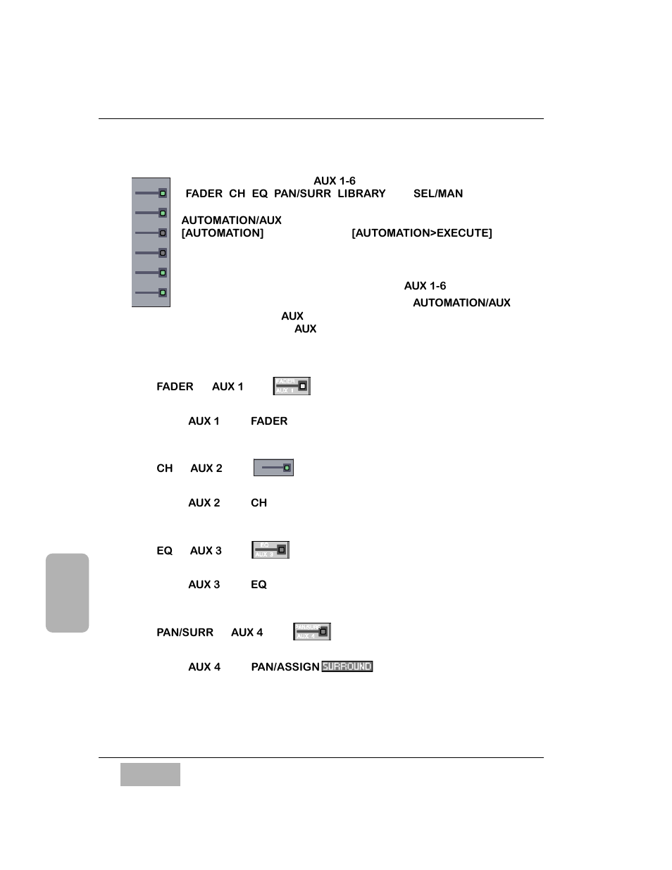 Led status indicators, Fader or aux 1 led, Ch or aux 2 led | Eq or aux 3 led, Pan/surr or aux 4 led | Panasonic WR-DA7 User Manual | Page 107 / 369