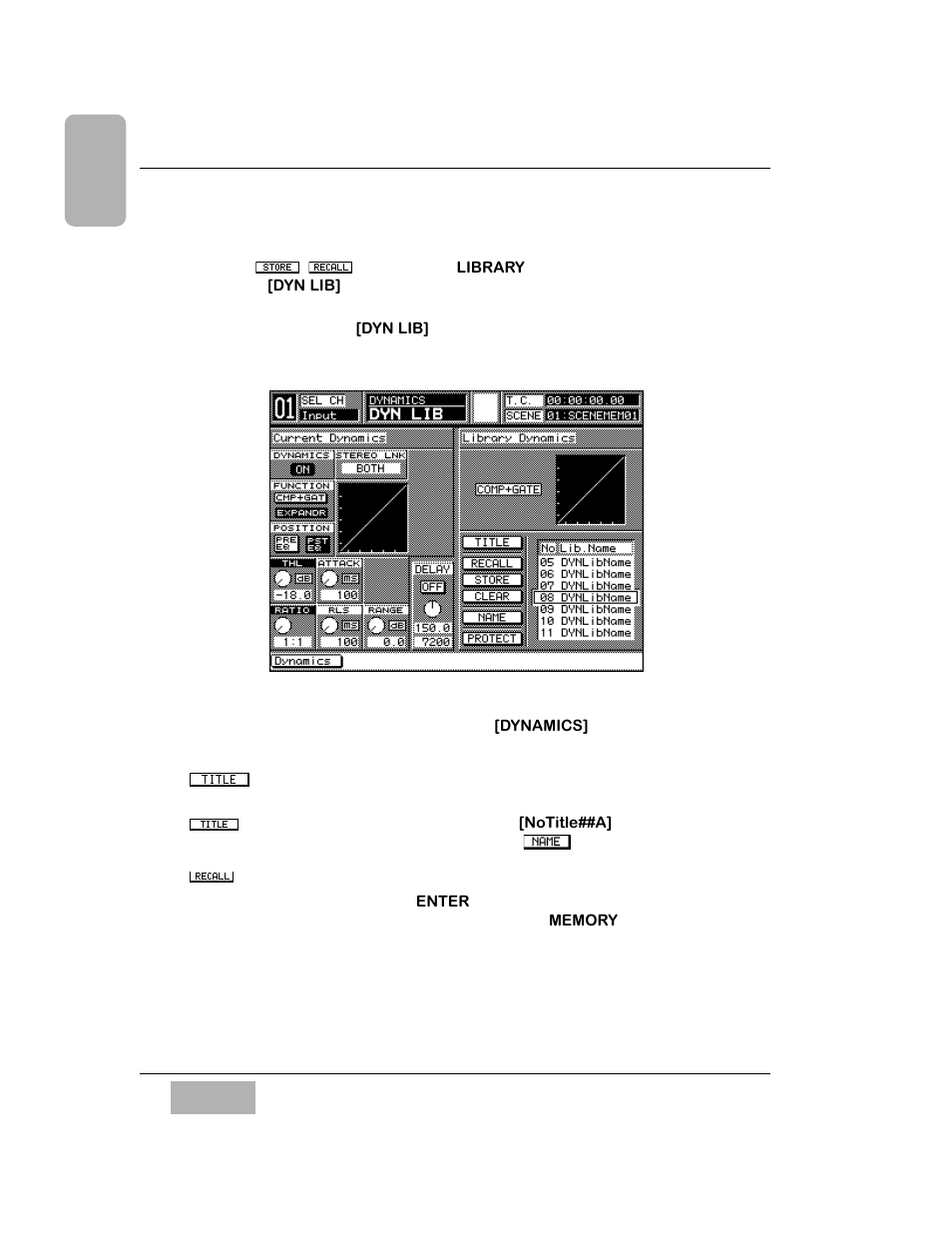 5 dynamics library window, Title button, Recall button | Panasonic WR-DA7 User Manual | Page 147 / 369