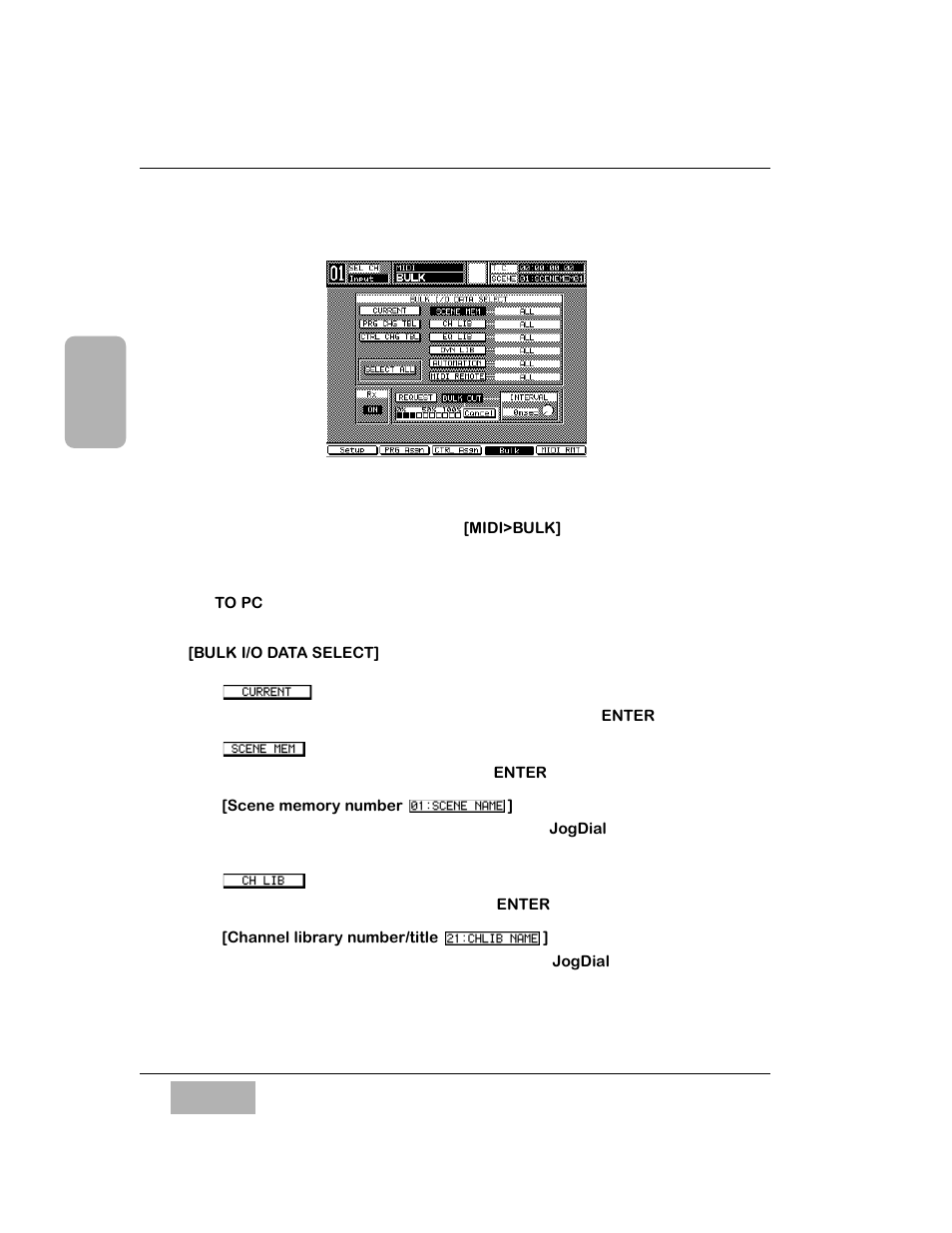 4 midi, bulk (bulk out) window, Bulk i/o data select] area, Current button | Scene mem button, Ch lib button, Channel library number/title | Panasonic WR-DA7 User Manual | Page 164 / 369