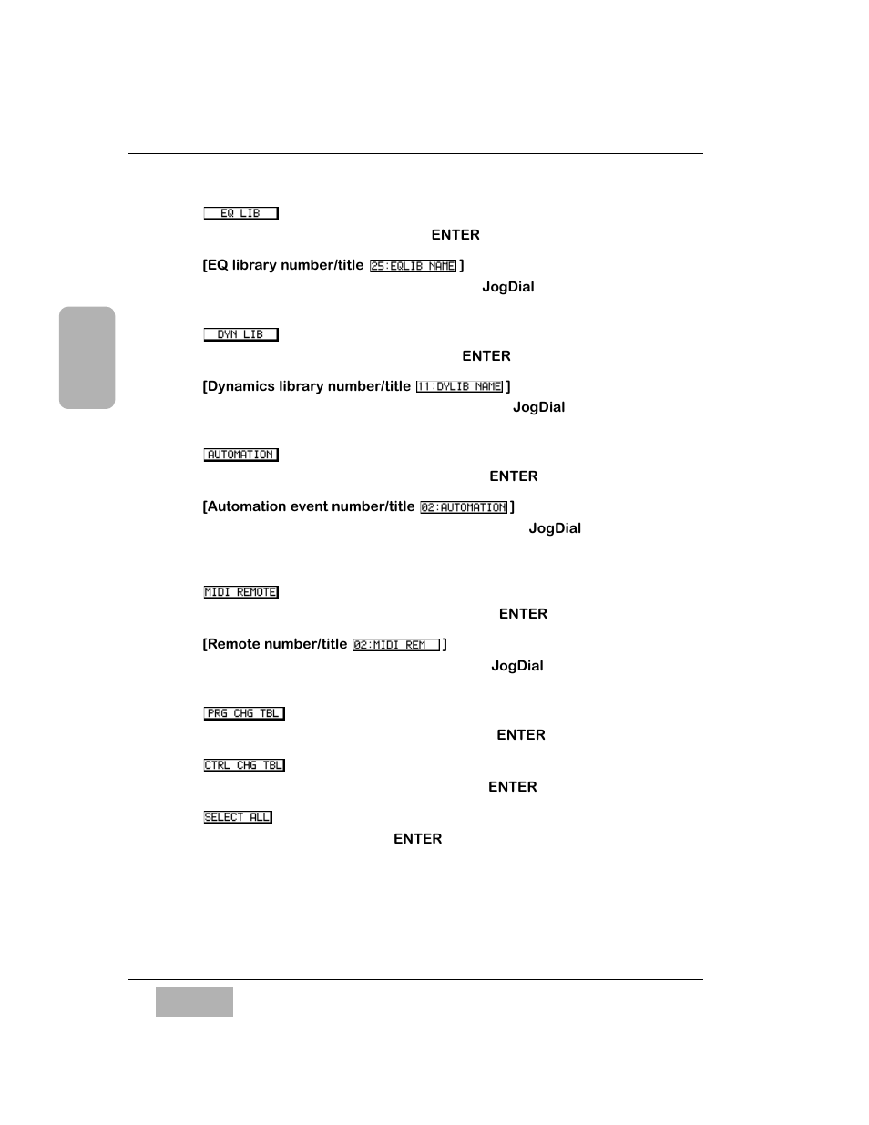 Eq lib button, Eq library number/title, Dyn button | Automation button, Midi remote button, Prg chg tbl button, Ctrl chg tbl button, Select all button | Panasonic WR-DA7 User Manual | Page 165 / 369