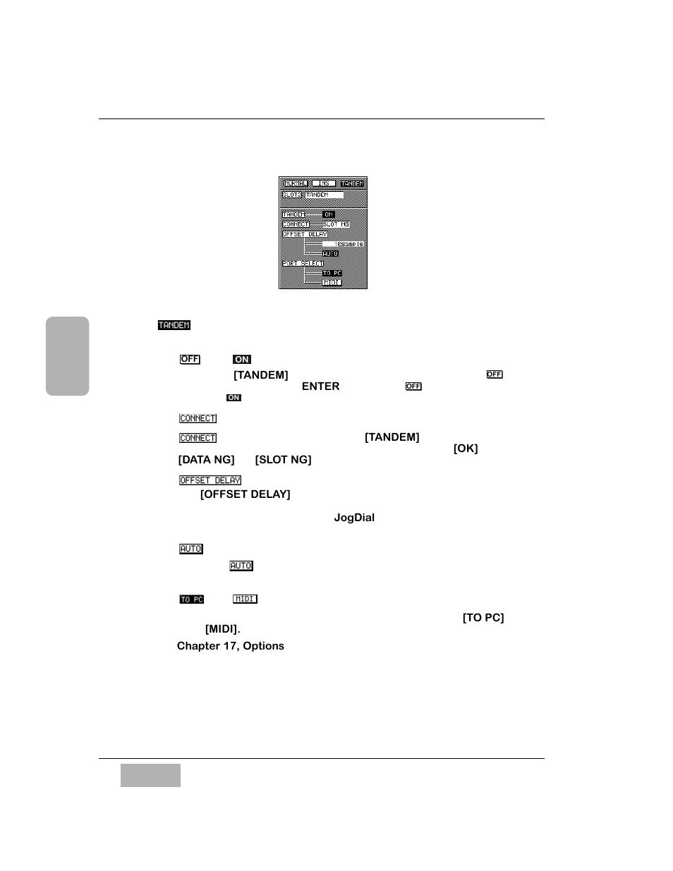 Tandem mode, Off and on buttons on off, Connect data field | Offset delay data field, Auto button, To pc and midi button | Panasonic WR-DA7 User Manual | Page 188 / 369