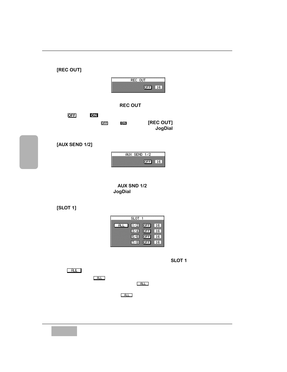 Rec out] area, Off and on buttons on off, Aux send 1/2] area | Slot 1] area, All button | Panasonic WR-DA7 User Manual | Page 191 / 369