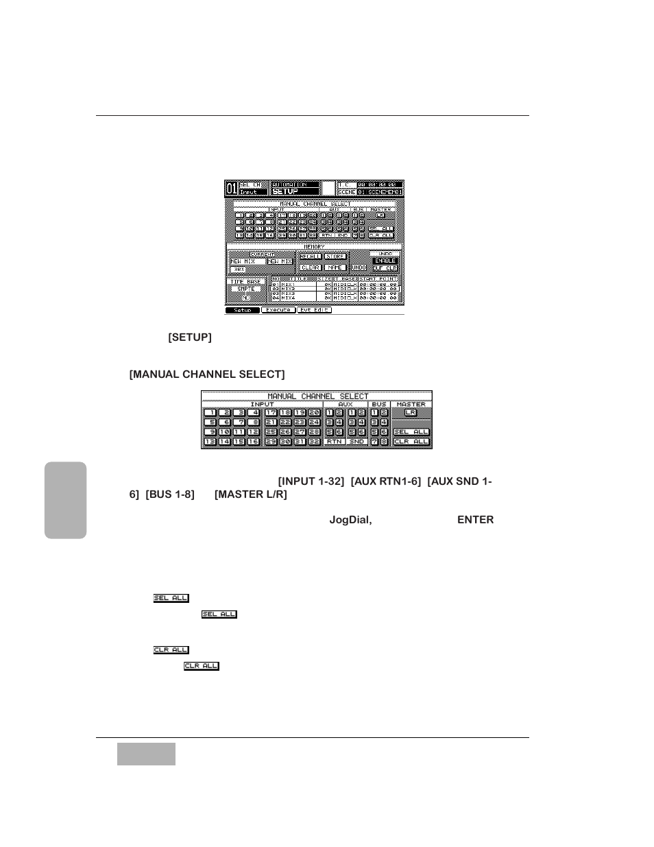1 automation, setup window, Manual channel select] area, Sel all button | Clr all button | Panasonic WR-DA7 User Manual | Page 202 / 369