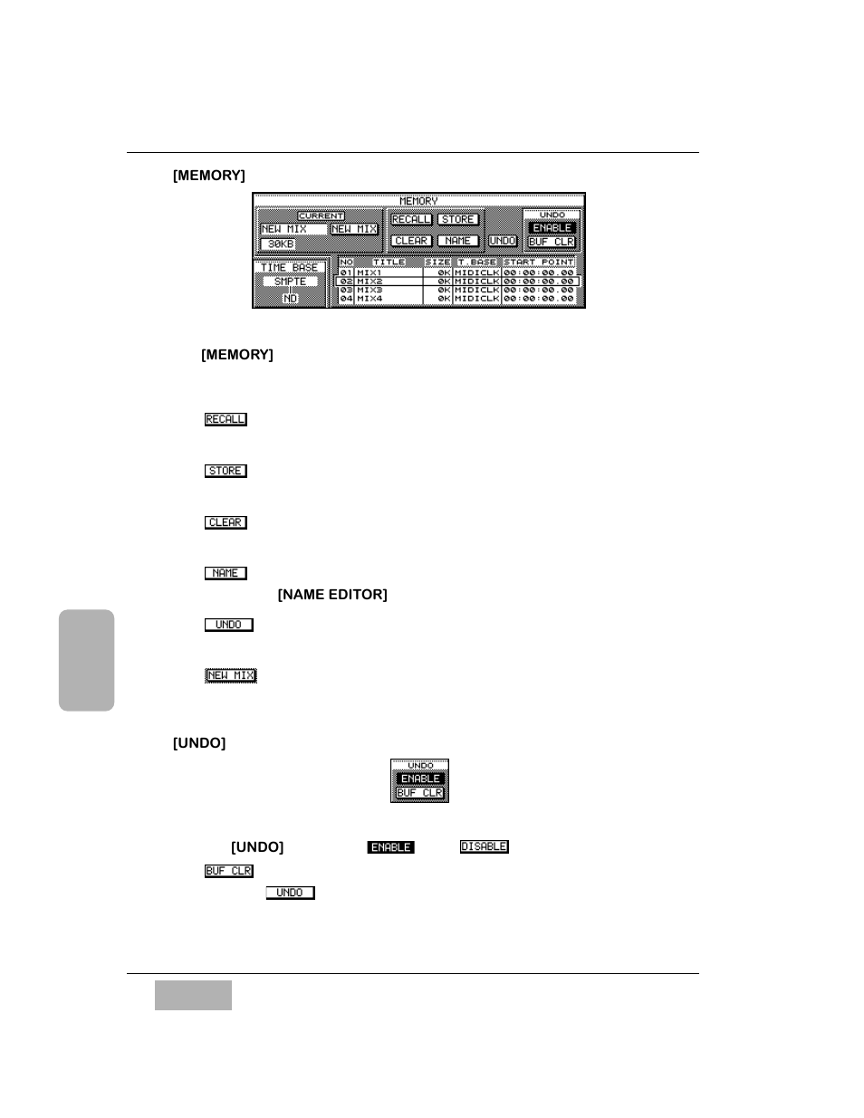 Memory] area, Recall button, Store button | Clear button, Name button, Undo button, New mix button, Undo] area, Buf clr button | Panasonic WR-DA7 User Manual | Page 203 / 369