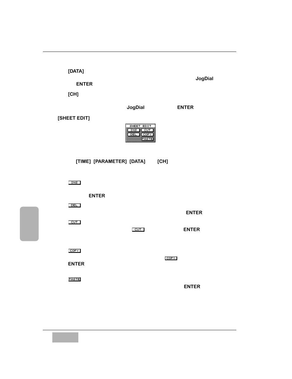 Data, Sheet edit] area, Ins button | Del button, Cut button, Copy button, Paste button | Panasonic WR-DA7 User Manual | Page 218 / 369