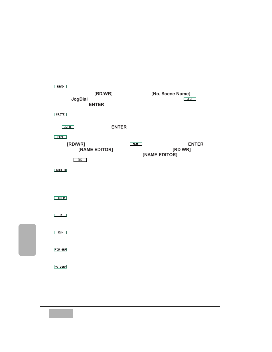 Read button, Write button, Name button | Protect button, Fader button, Eq button, Dyn button, Fdr grpbutton, Mute grp button | Panasonic WR-DA7 User Manual | Page 227 / 369