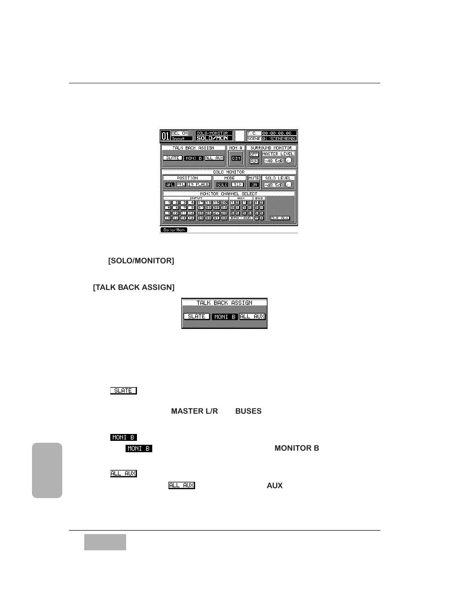 1 utility, solo/monitor (solo/mon) window, Talk back assign] area, Slate button | Moni b button, All aux button | Panasonic WR-DA7 User Manual | Page 232 / 369