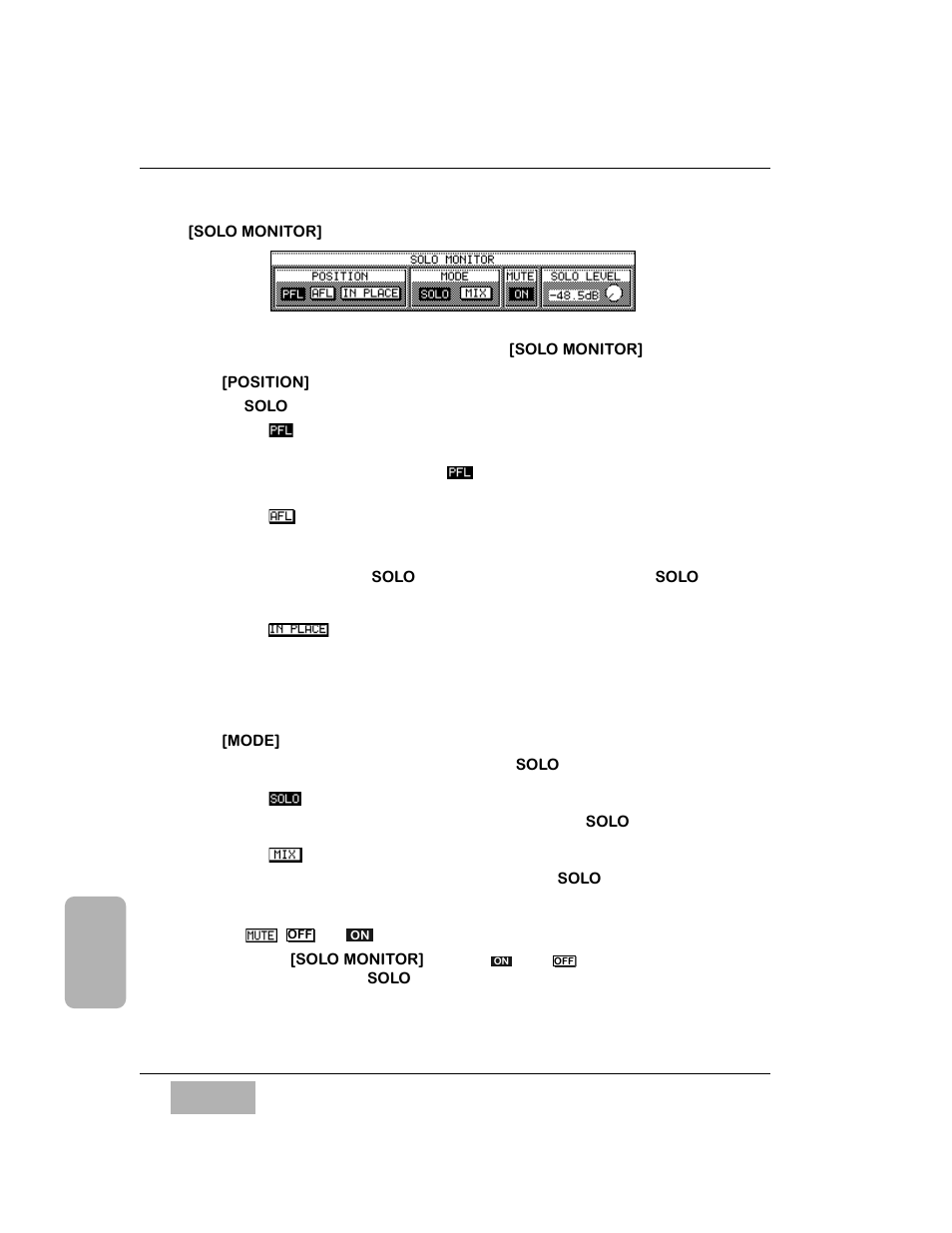 Solo monitor] area, Position] area, Pfl button | Afl button, In place button, Mode] area, Solo button, Mix button, Mute off or on buttons area | Panasonic WR-DA7 User Manual | Page 234 / 369