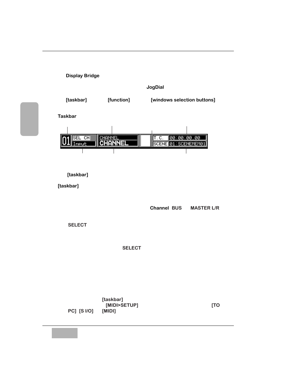 Taskbar area, Channel selection field, Channel type field | Window group name, Current window name, Communication status indicator | Panasonic WR-DA7 User Manual | Page 42 / 369