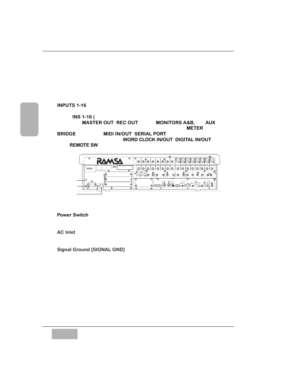 4 rear panel, Power switch, Ac inlet | Signal ground [signal gnd, Da7 t our, Aes/ebu s/pdif, Da7 rear panel, Signal gnd (signal ground) ac inlet power switch | Panasonic WR-DA7 User Manual | Page 46 / 369