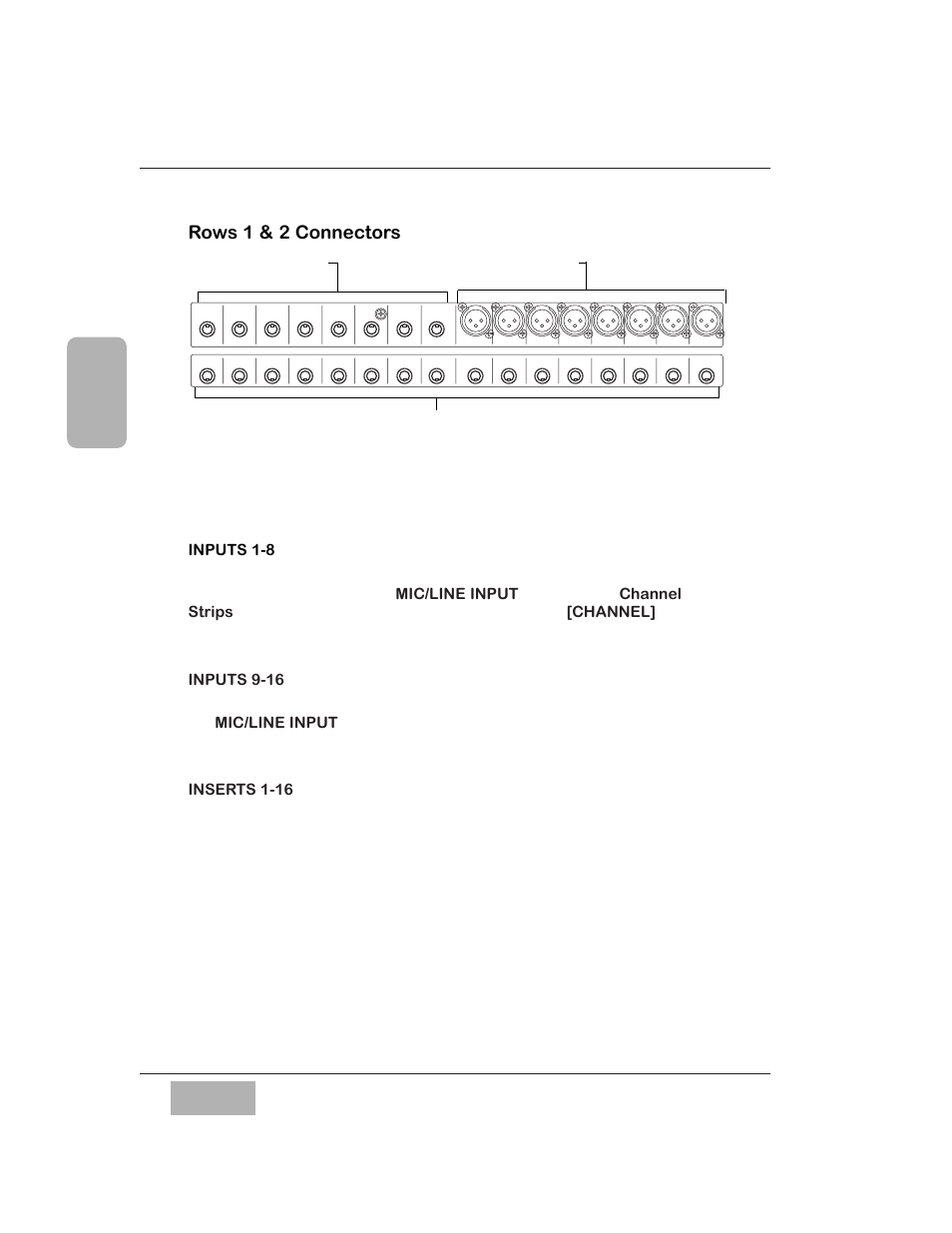 Rows 1 & 2 connectors, Inputs 1-8, Inputs 9-16 | Inserts 1-16 | Panasonic WR-DA7 User Manual | Page 47 / 369