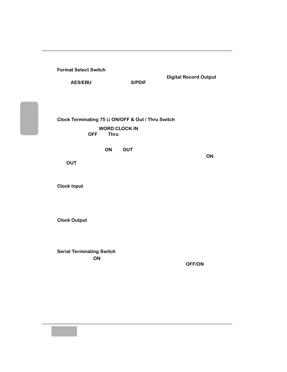 Format select switch, Clock terminating 75 ｽ on/off & out / thru switch, Clock input | Clock output, Serial terminating switch | Panasonic WR-DA7 User Manual | Page 50 / 369