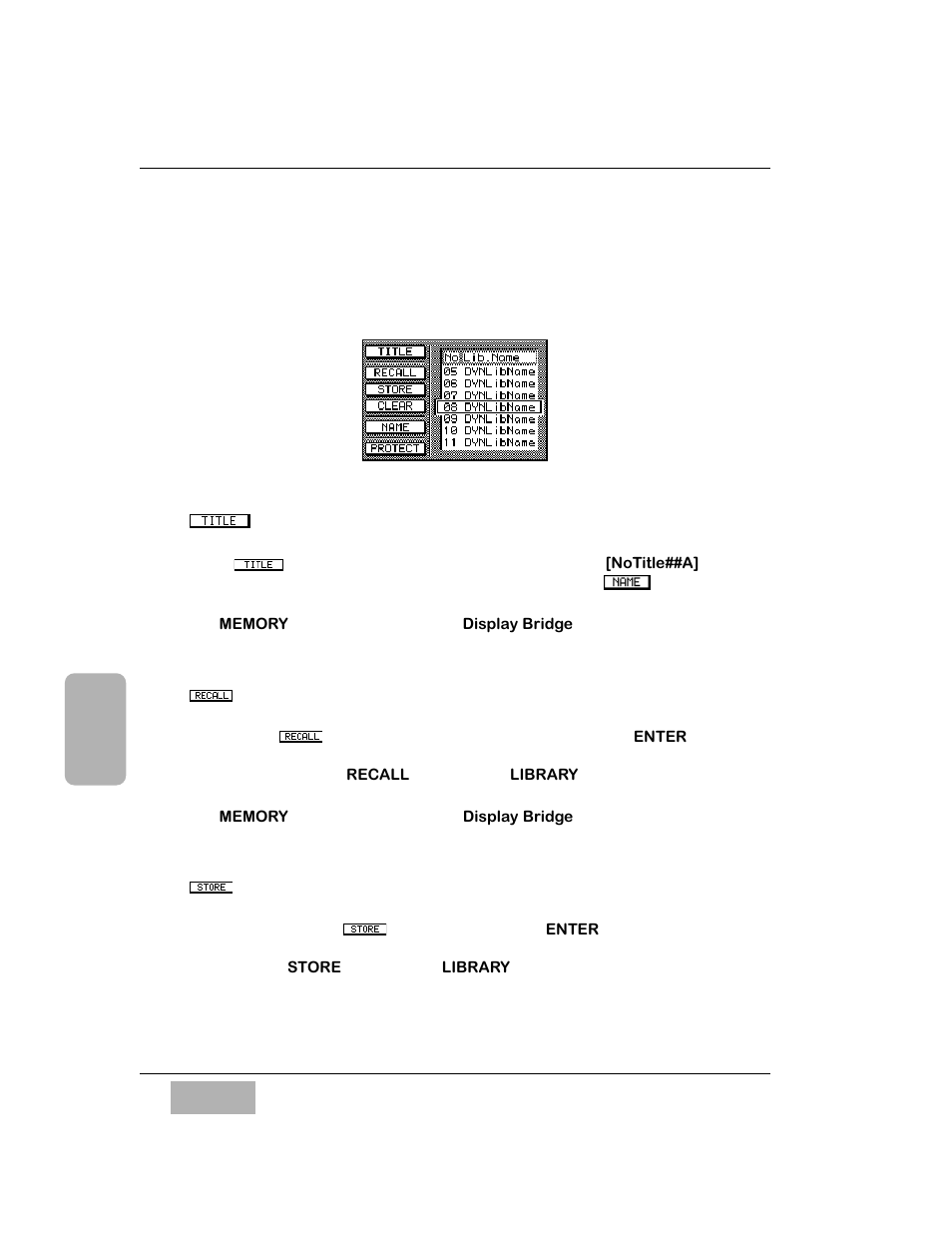 Library window elements, Title button, Recall button | Store button | Panasonic WR-DA7 User Manual | Page 96 / 369