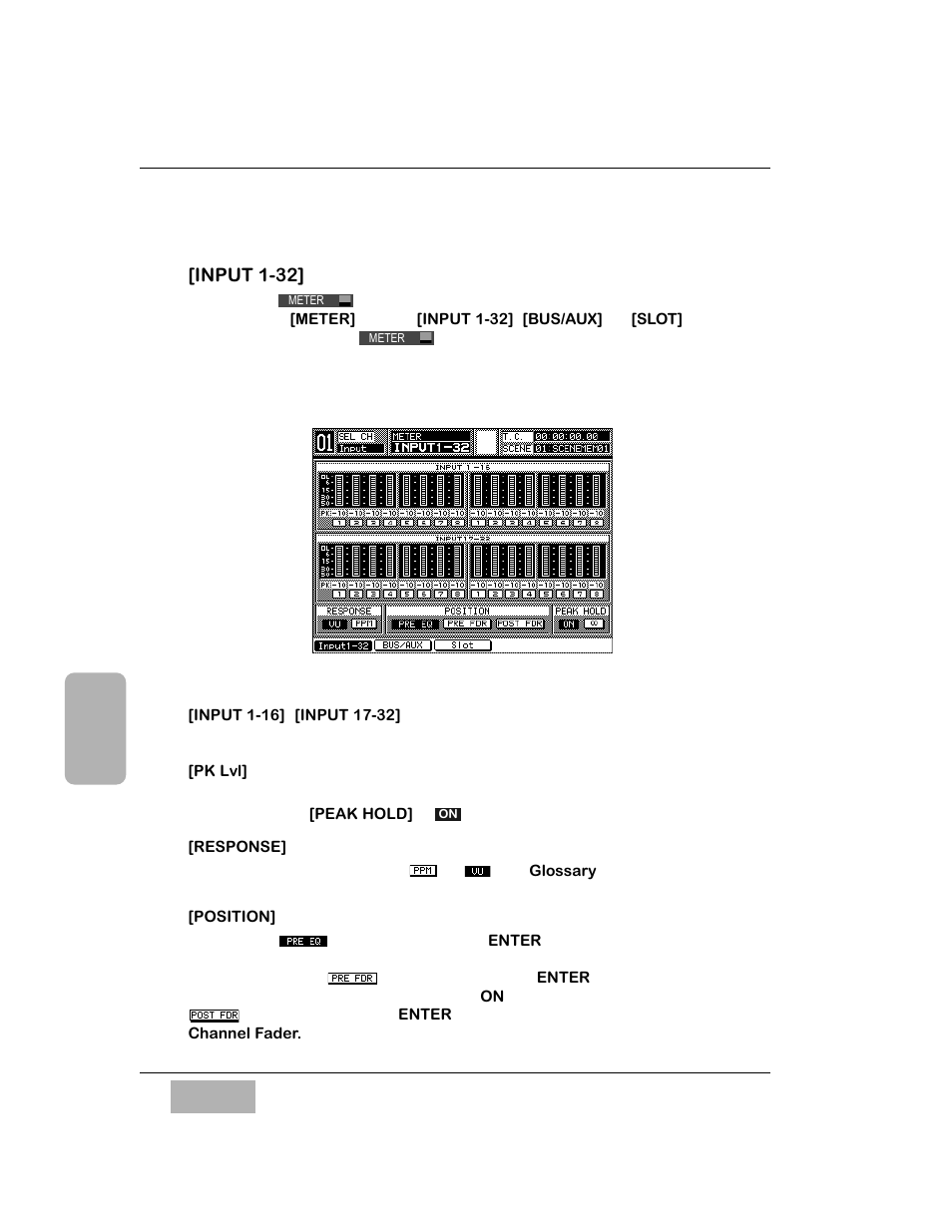 4 meter group windows, Input 1-32] meter window, Input 1-16], [input 17-32] areas | Pk lvl] area, Response] area, Position] area | Panasonic WR-DA7 User Manual | Page 99 / 369