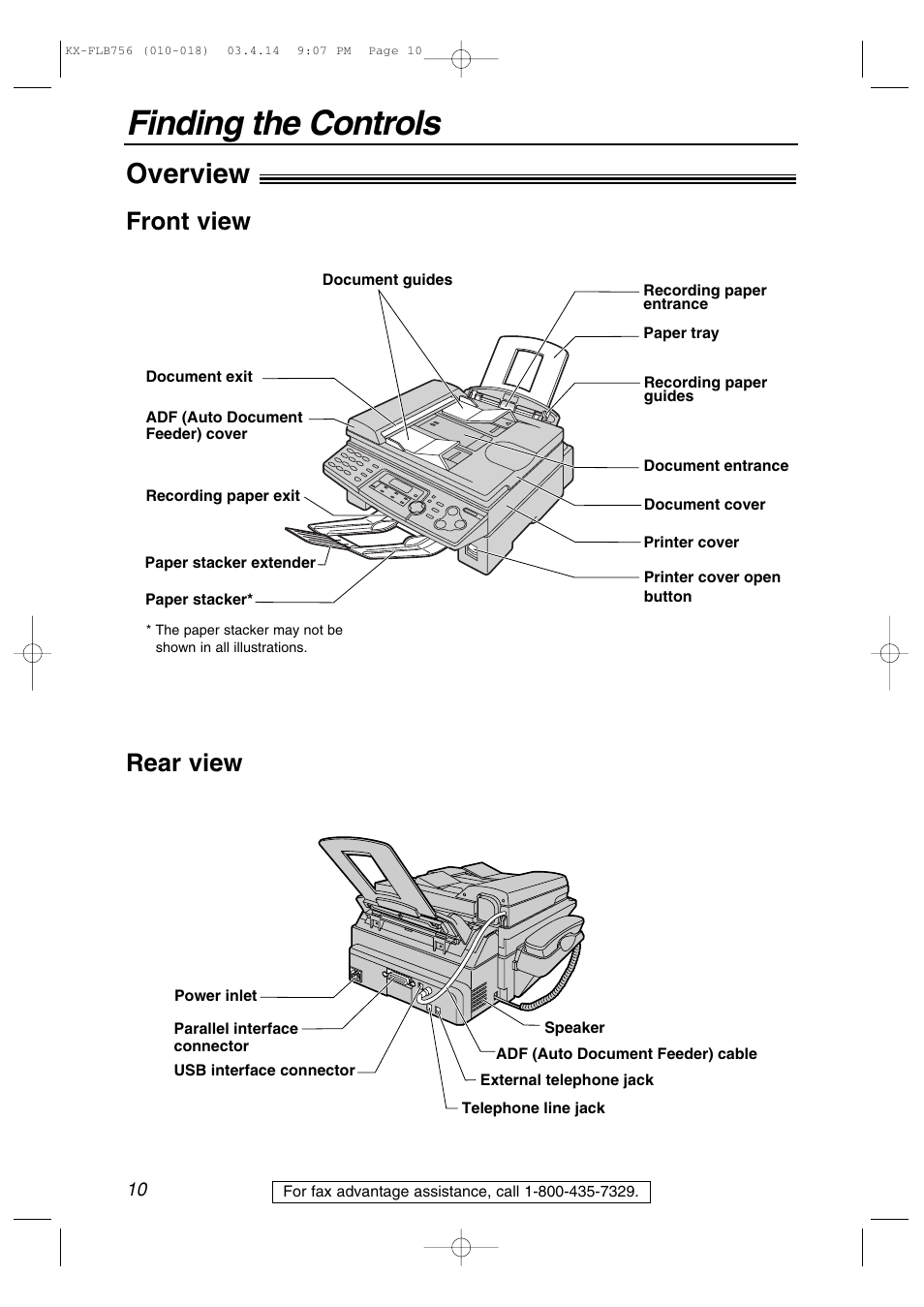 Finding the controls, Overview, Front view | Rear view | Panasonic KX-FLB756 User Manual | Page 10 / 92