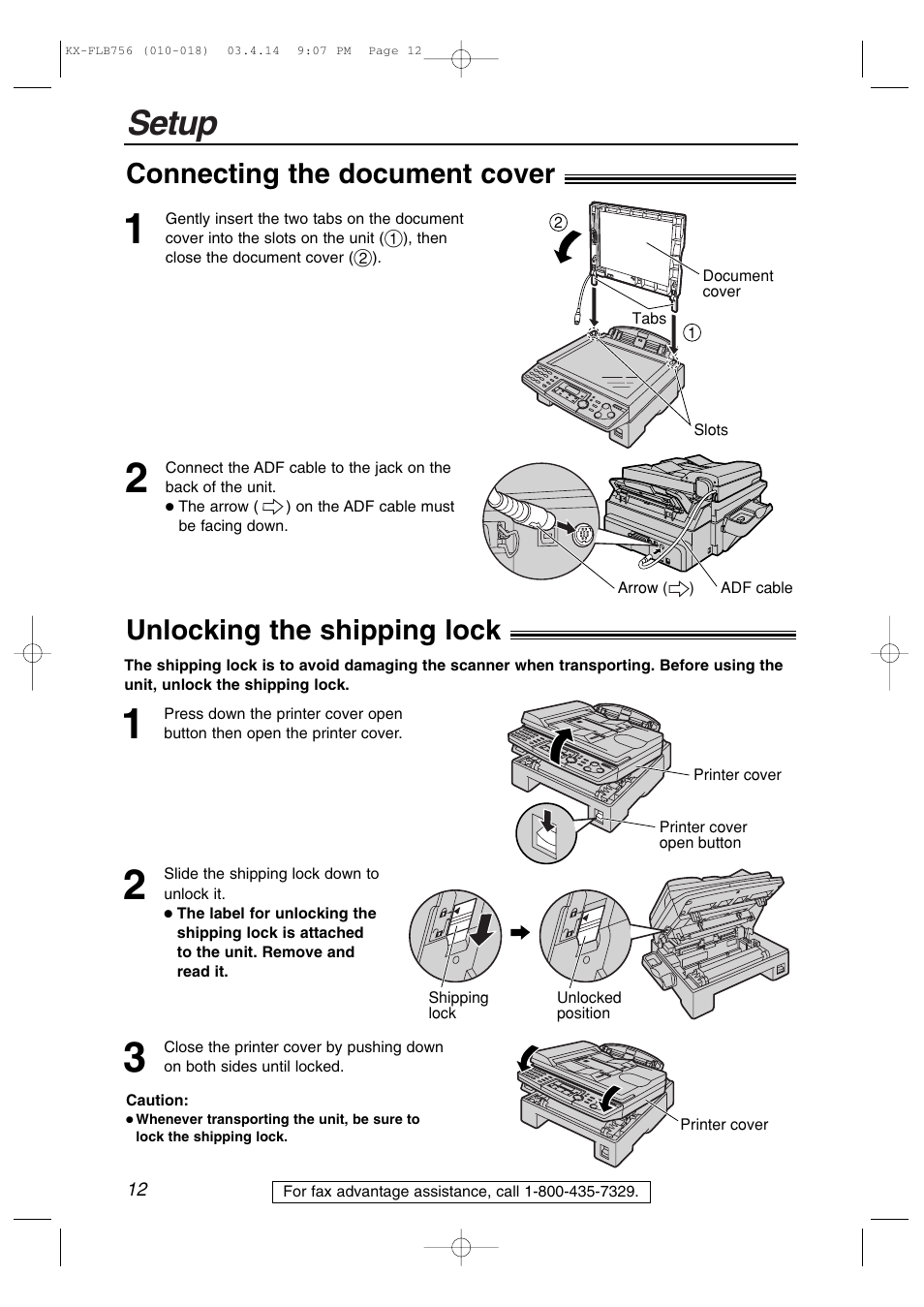 Setup, Connecting the document cover, Unlocking the shipping lock | Panasonic KX-FLB756 User Manual | Page 12 / 92