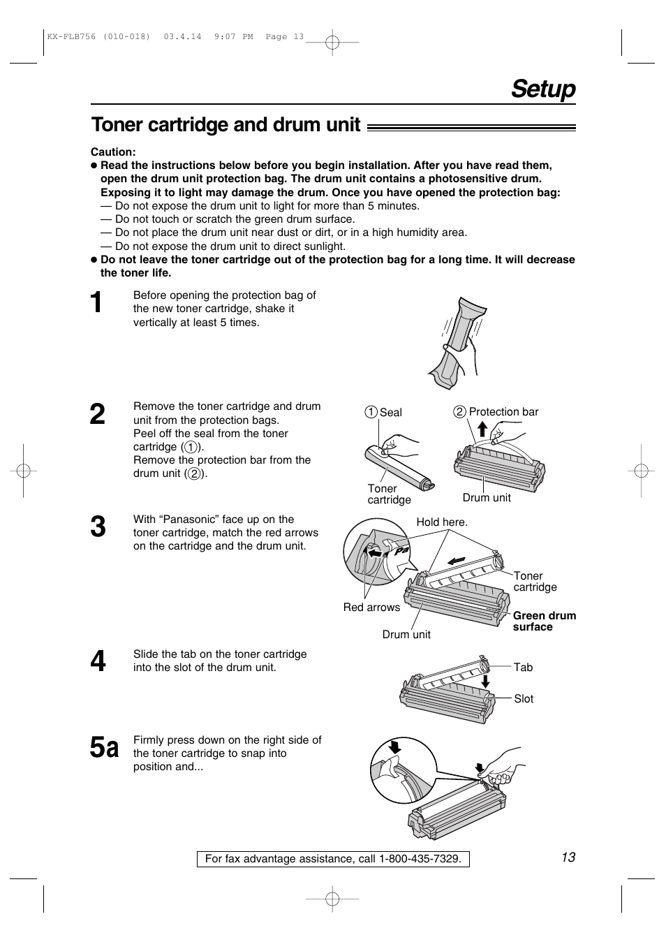 Setup, Toner cartridge and drum unit | Panasonic KX-FLB756 User Manual | Page 13 / 92