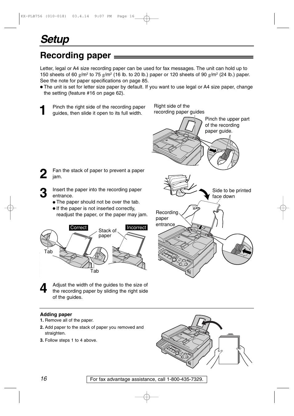 Setup, Recording paper | Panasonic KX-FLB756 User Manual | Page 16 / 92