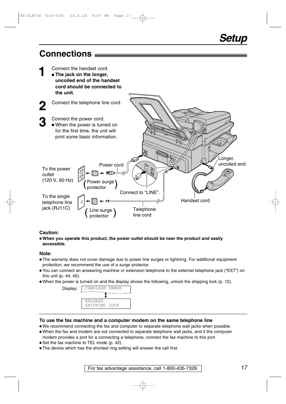 Setup, Connections | Panasonic KX-FLB756 User Manual | Page 17 / 92