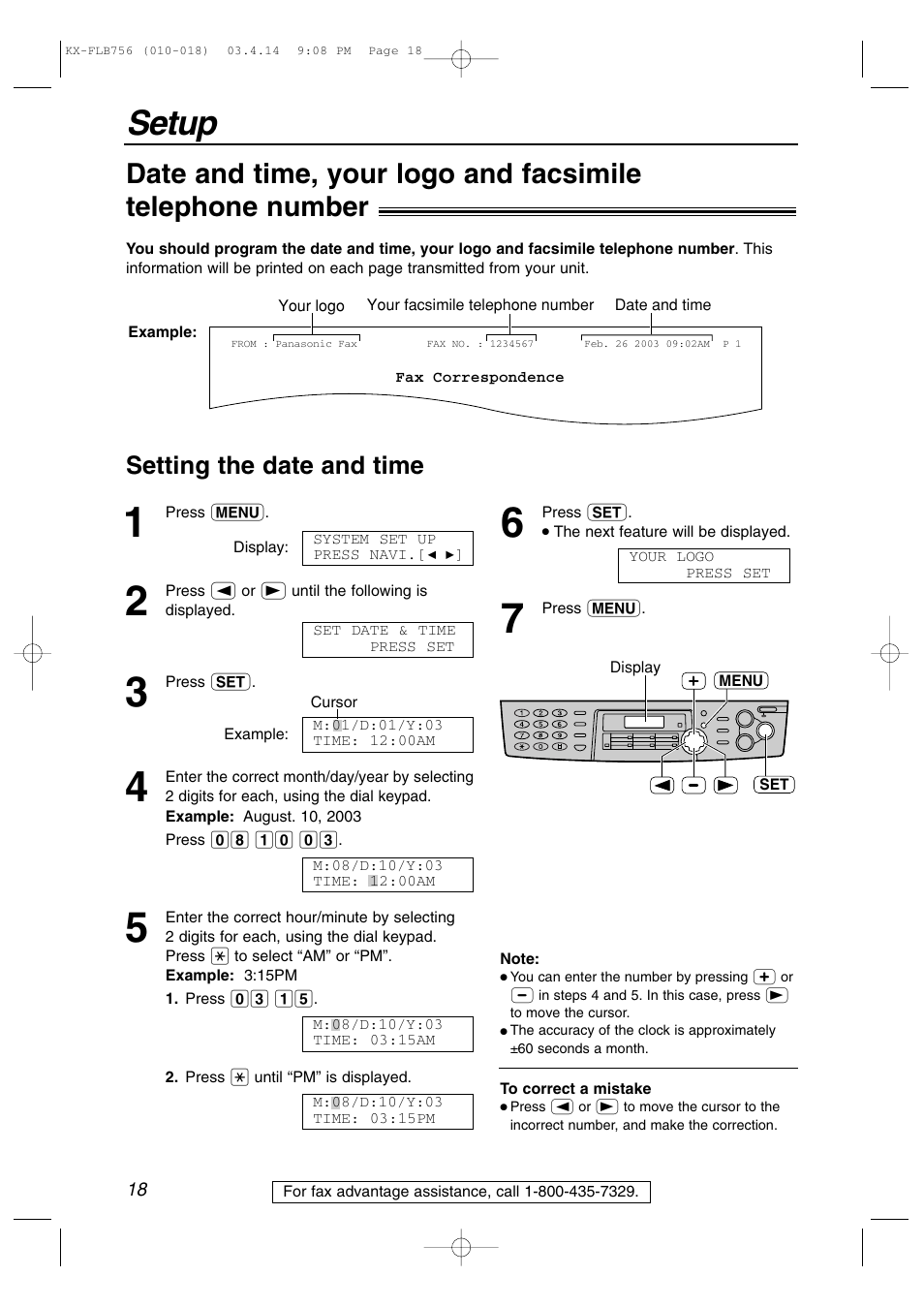 Setup, Setting the date and time | Panasonic KX-FLB756 User Manual | Page 18 / 92