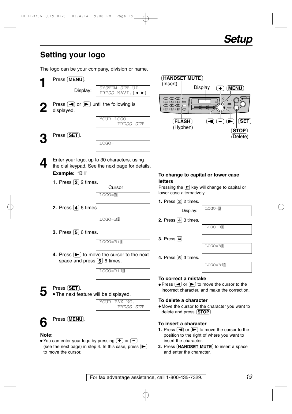 Setup, Setting your logo | Panasonic KX-FLB756 User Manual | Page 19 / 92