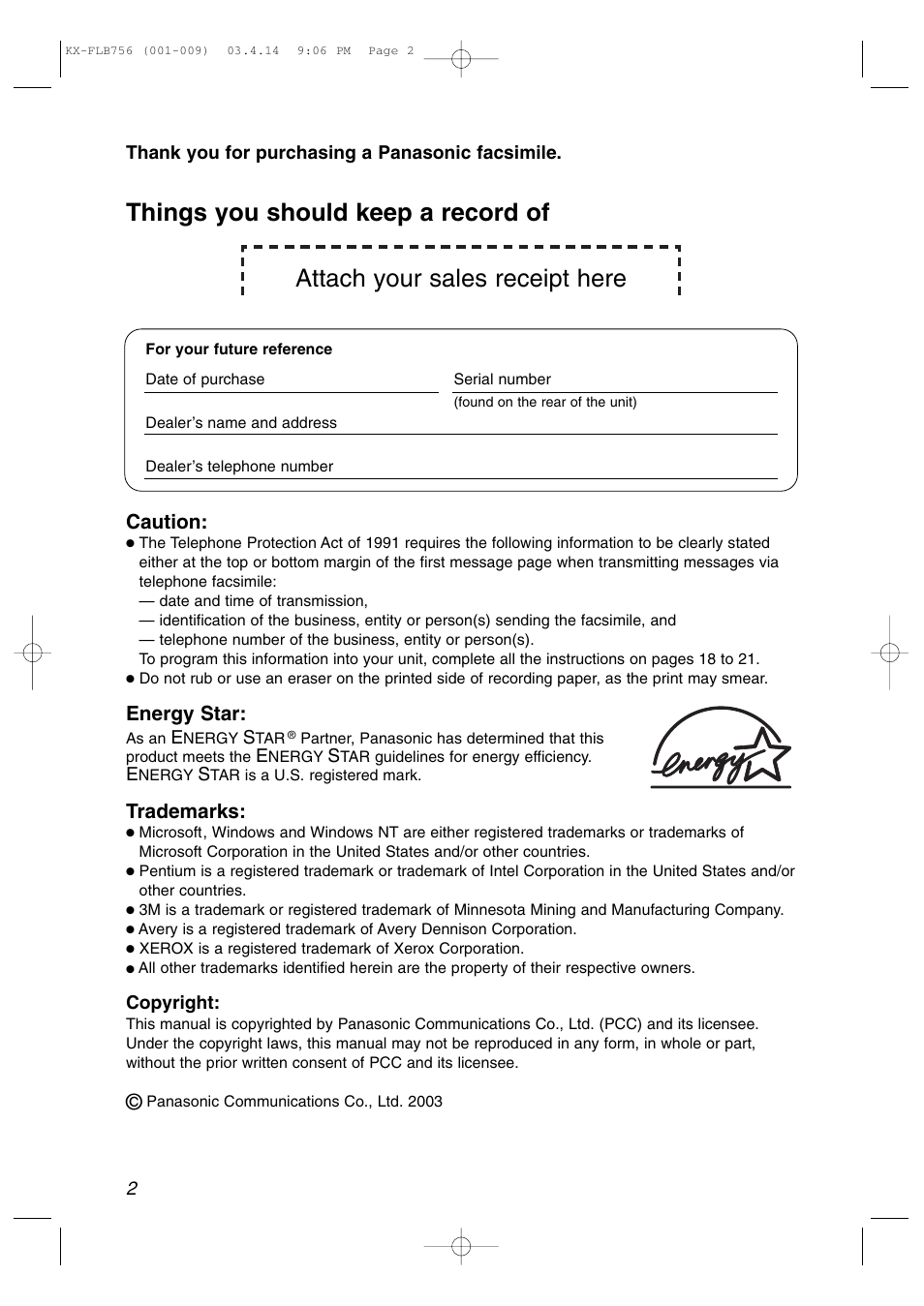 Attach your sales receipt here, Things you should keep a record of, Caution | Energy star, Trademarks | Panasonic KX-FLB756 User Manual | Page 2 / 92