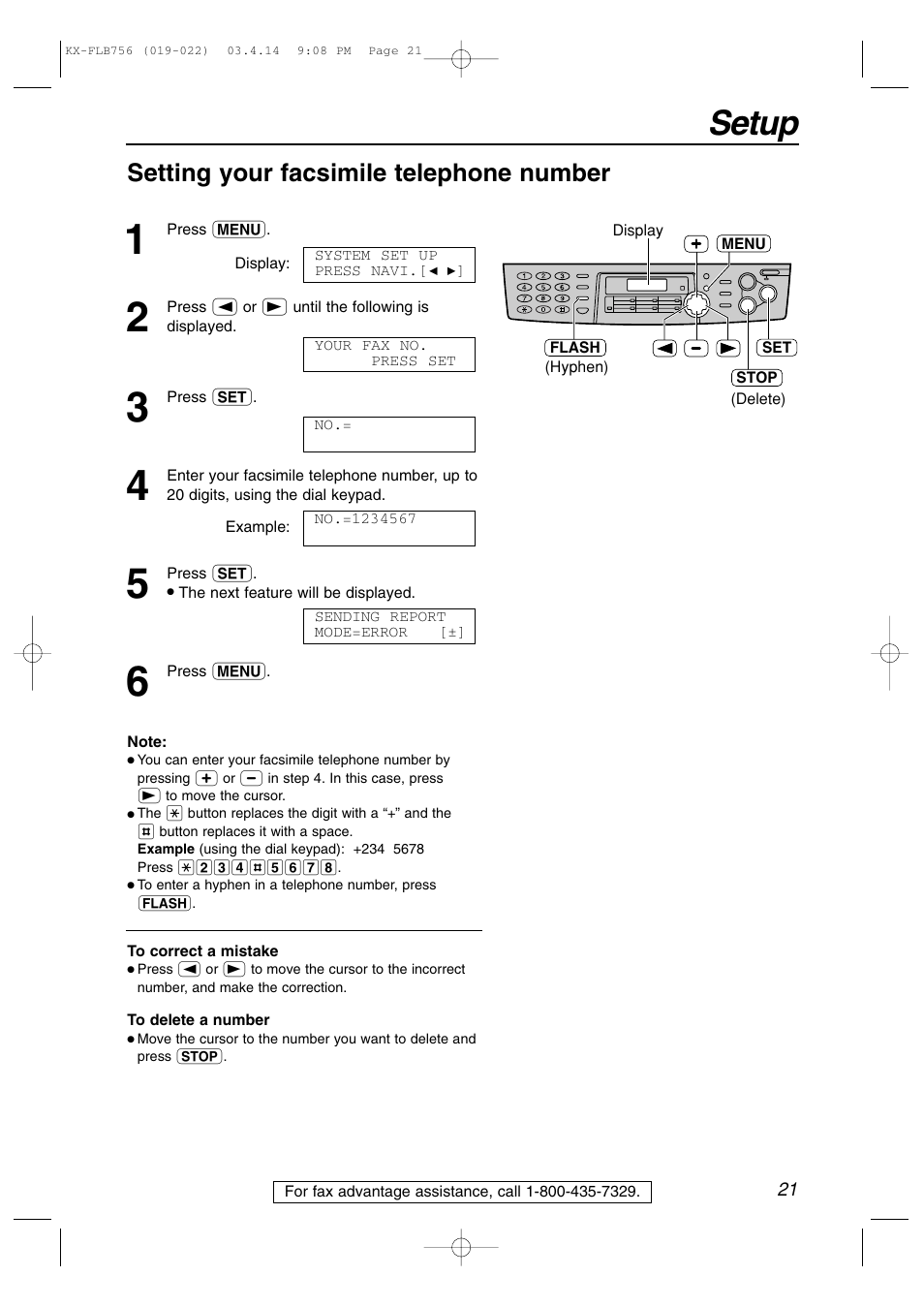 Setup, Setting your facsimile telephone number | Panasonic KX-FLB756 User Manual | Page 21 / 92