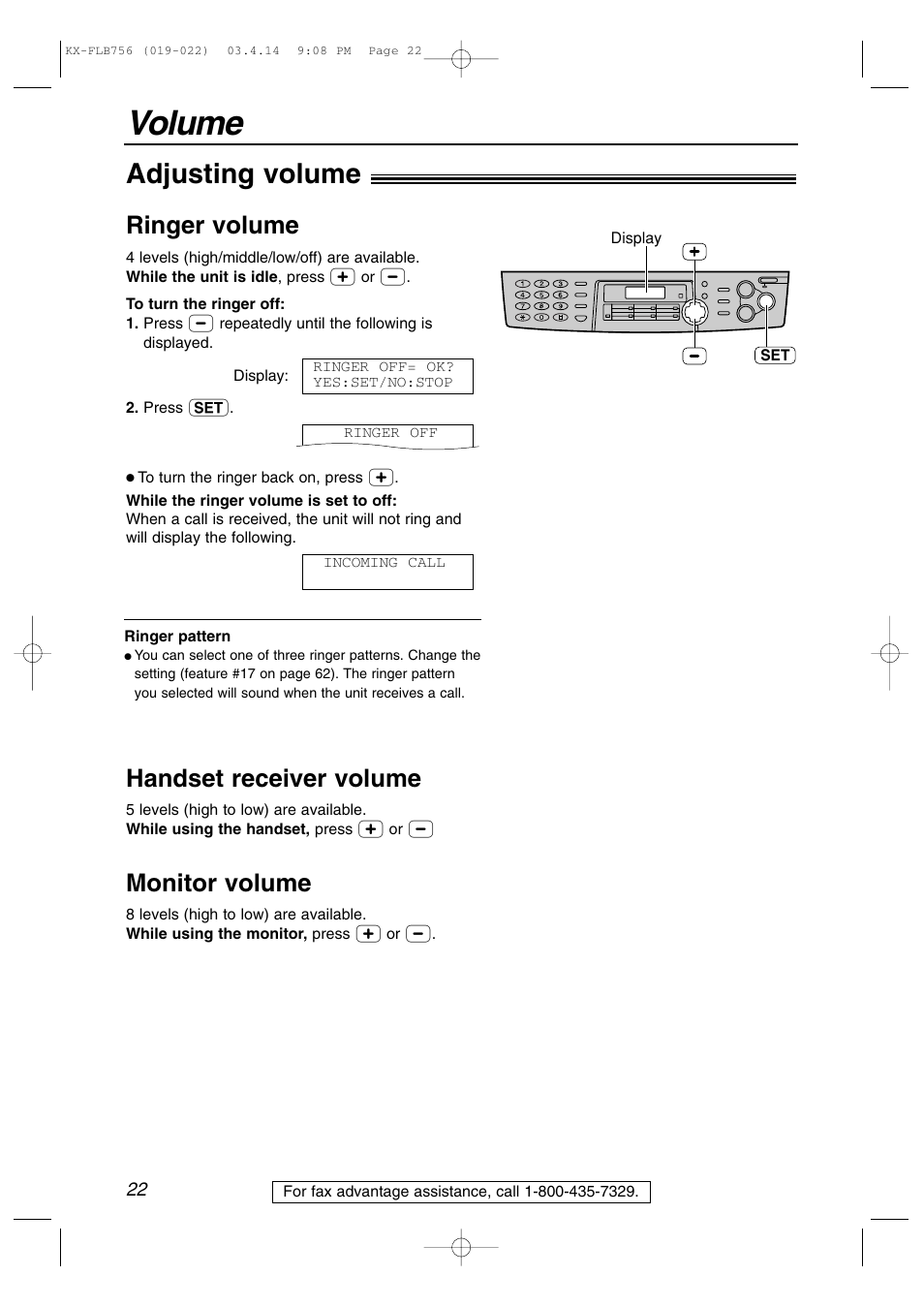 Volume, Adjusting volume, Ringer volume | Handset receiver volume, Monitor volume | Panasonic KX-FLB756 User Manual | Page 22 / 92