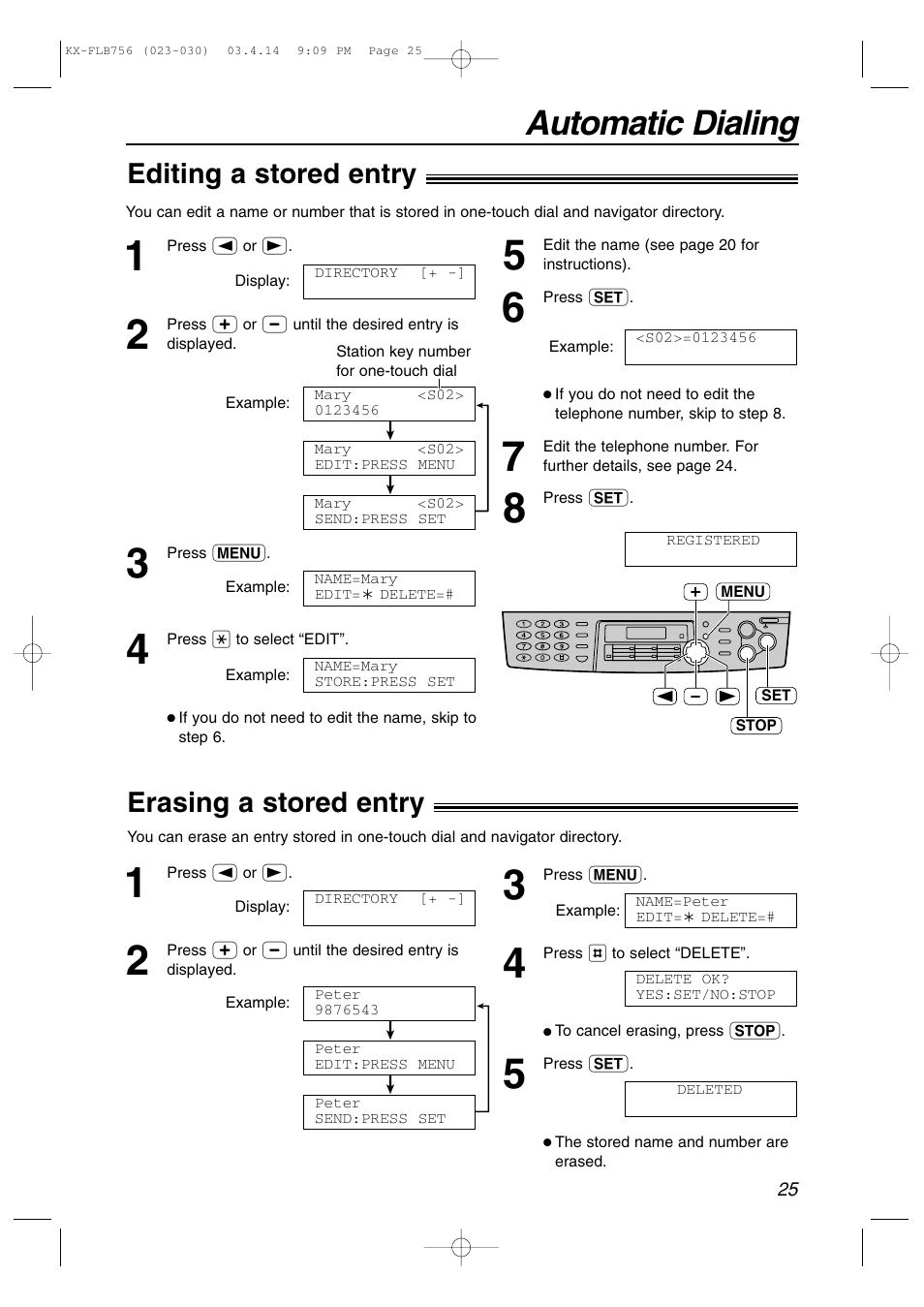 Automatic dialing, Editing a stored entry, Erasing a stored entry | Panasonic KX-FLB756 User Manual | Page 25 / 92