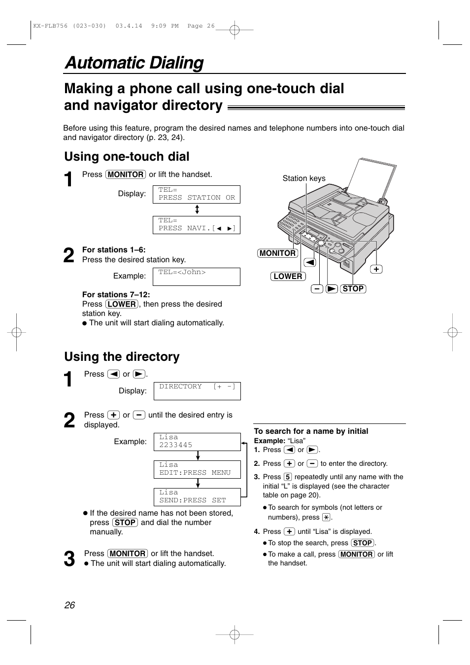 Automatic dialing, Using one-touch dial, Using the directory | Panasonic KX-FLB756 User Manual | Page 26 / 92