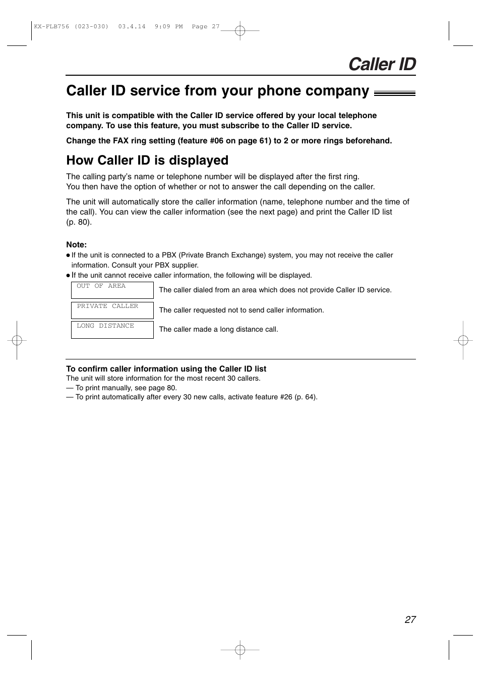 Caller id, Caller id service from your phone company, How caller id is displayed | Panasonic KX-FLB756 User Manual | Page 27 / 92