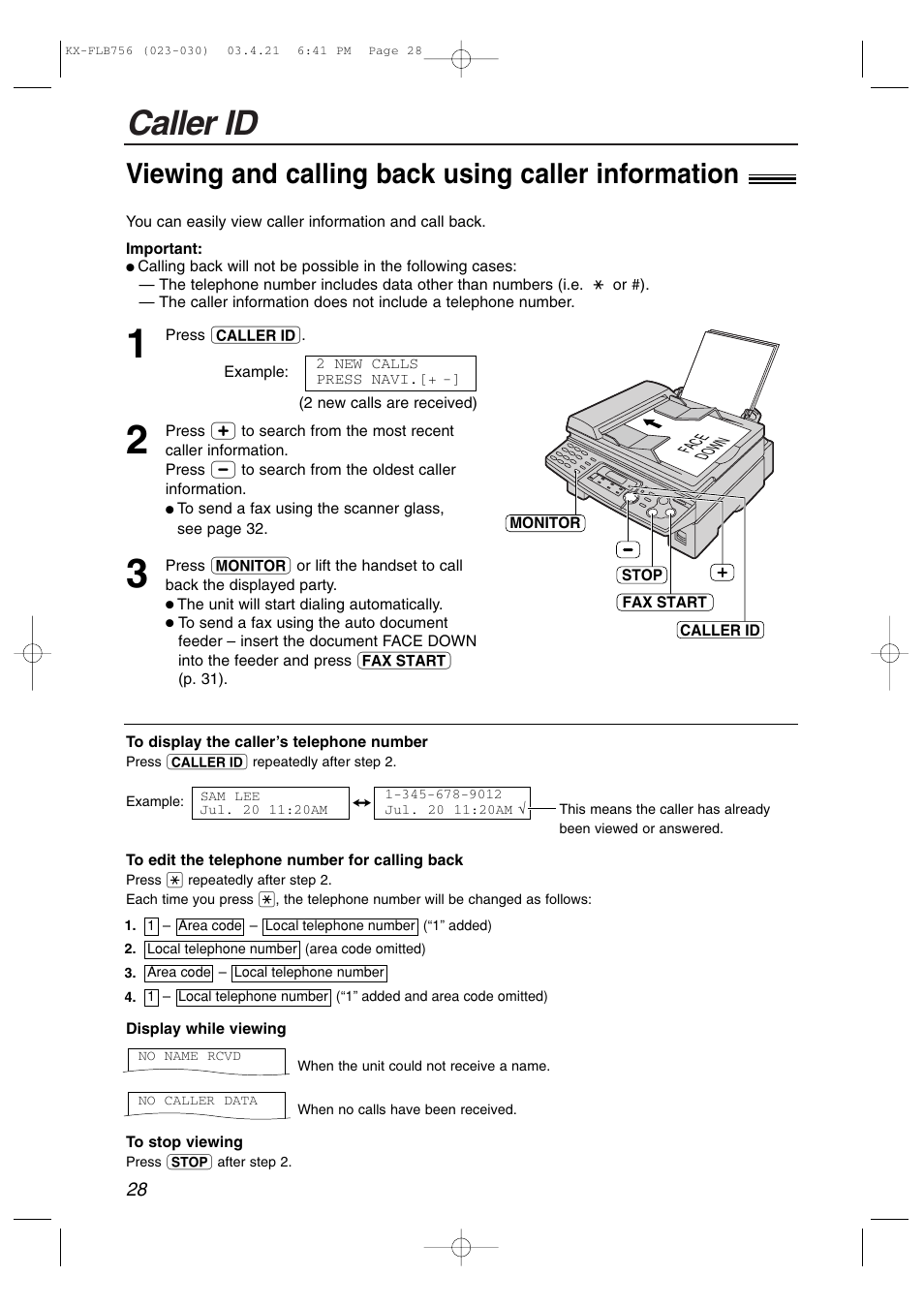 Caller id, Viewing and calling back using caller information | Panasonic KX-FLB756 User Manual | Page 28 / 92