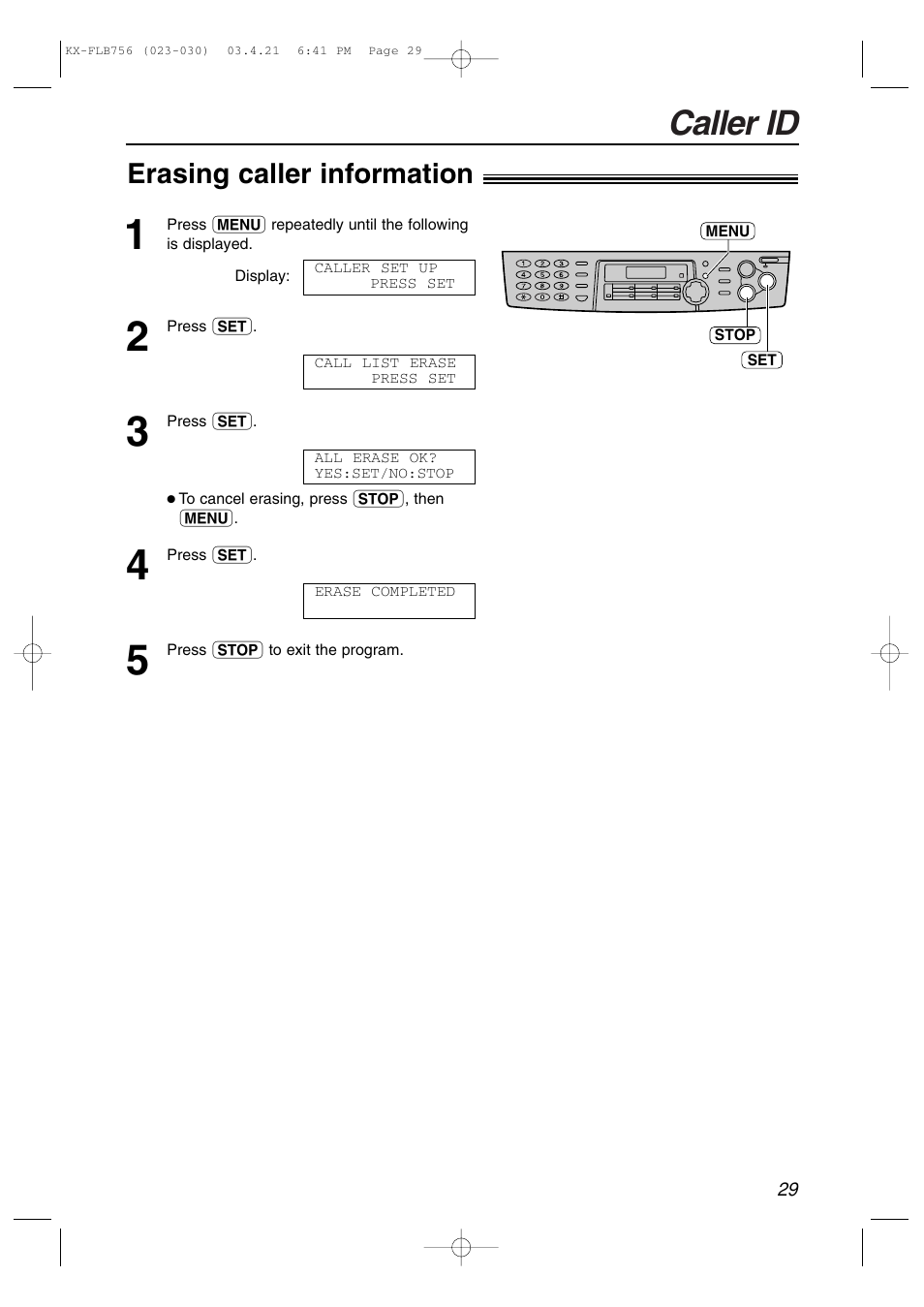 Caller id, Erasing caller information | Panasonic KX-FLB756 User Manual | Page 29 / 92