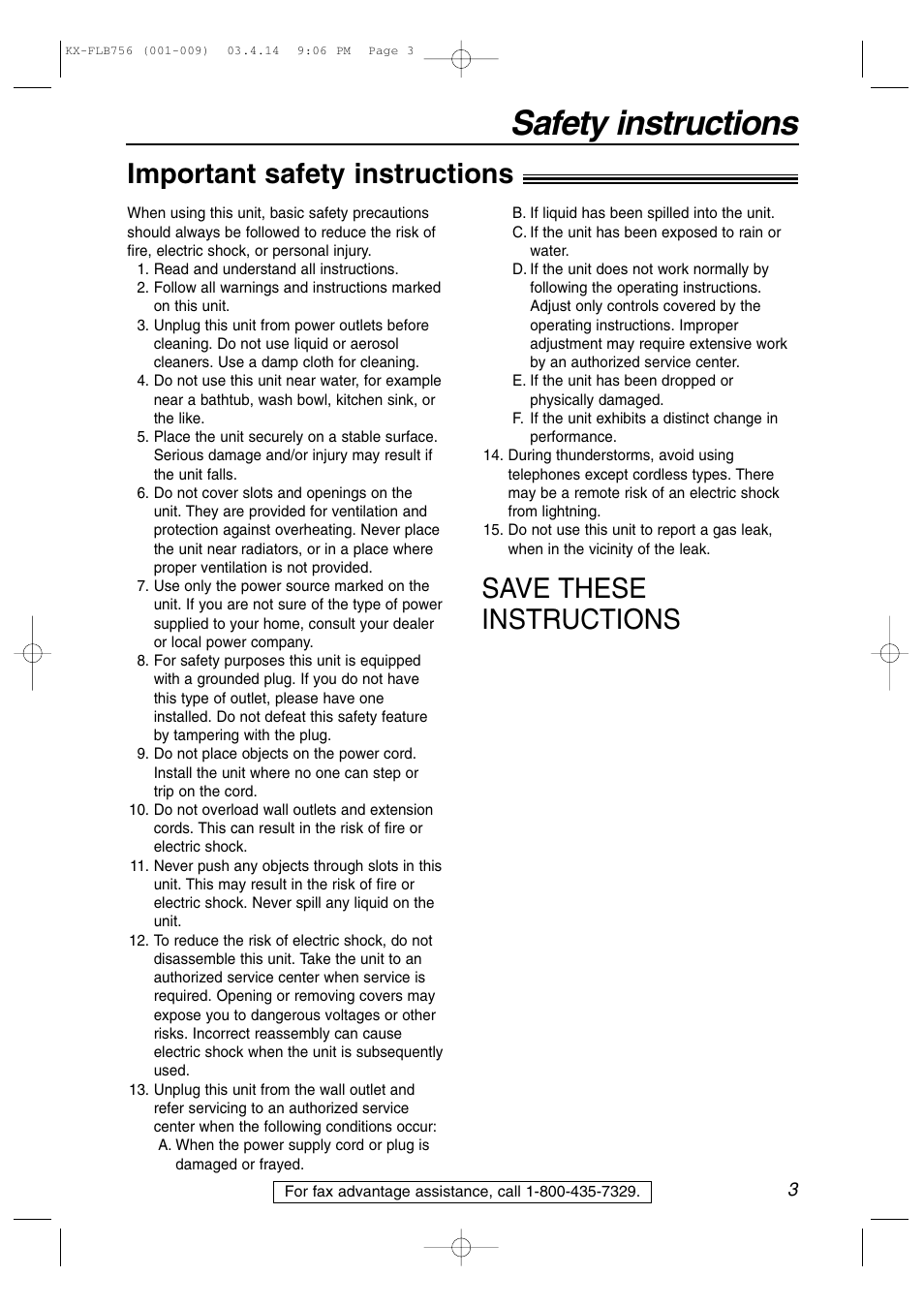 Safety instructions, Important safety instructions, Save these instructions | Panasonic KX-FLB756 User Manual | Page 3 / 92