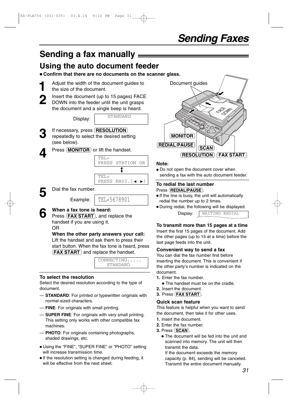 Sending faxes, Sending a fax manually, Using the auto document feeder | Panasonic KX-FLB756 User Manual | Page 31 / 92