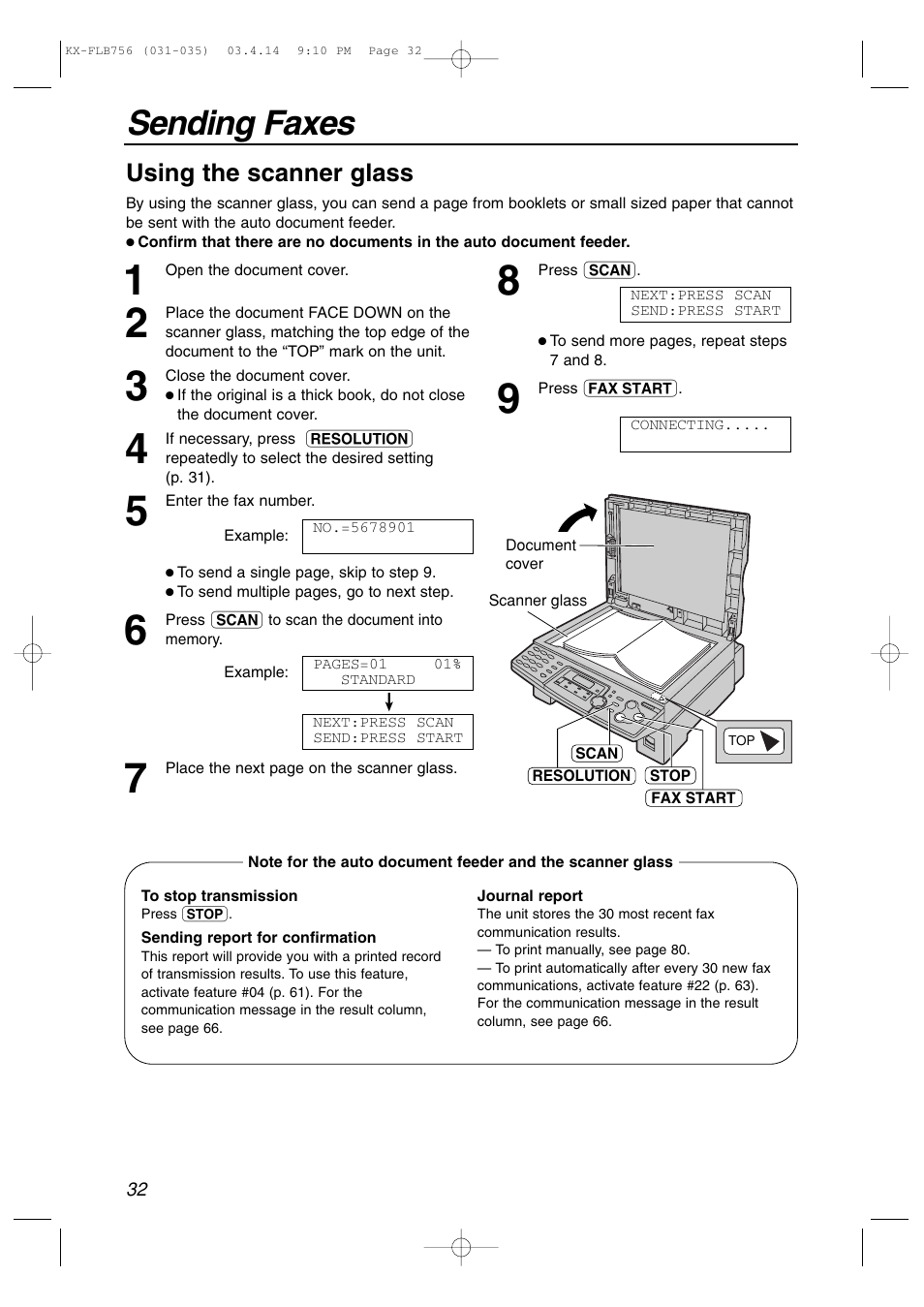 Sending faxes, Using the scanner glass | Panasonic KX-FLB756 User Manual | Page 32 / 92