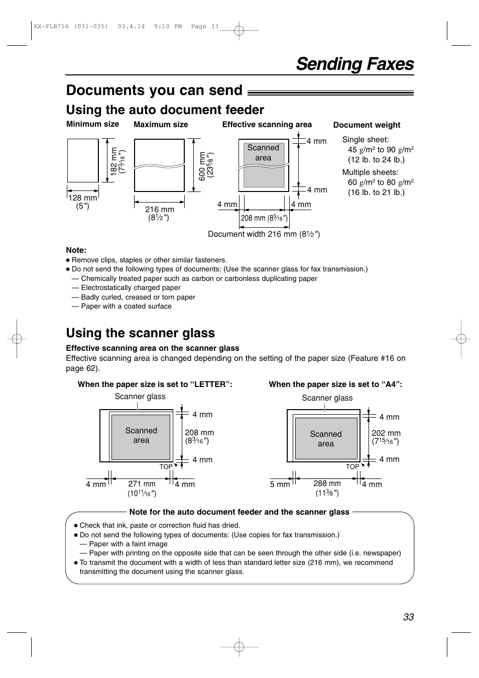 Sending faxes, Documents you can send, Using the scanner glass | Using the auto document feeder | Panasonic KX-FLB756 User Manual | Page 33 / 92