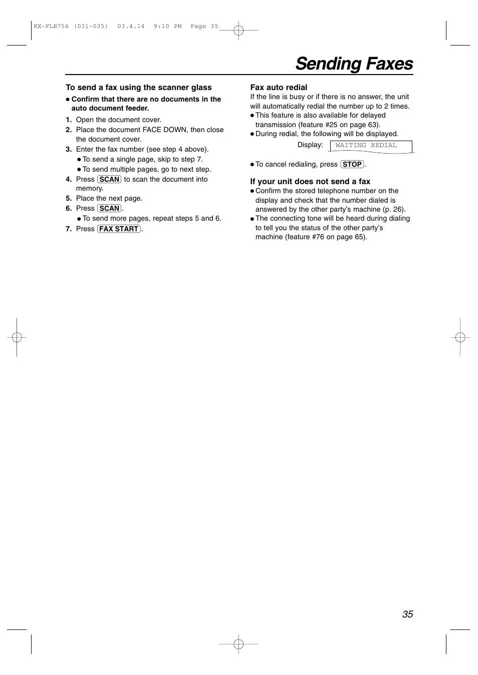 Sending faxes | Panasonic KX-FLB756 User Manual | Page 35 / 92