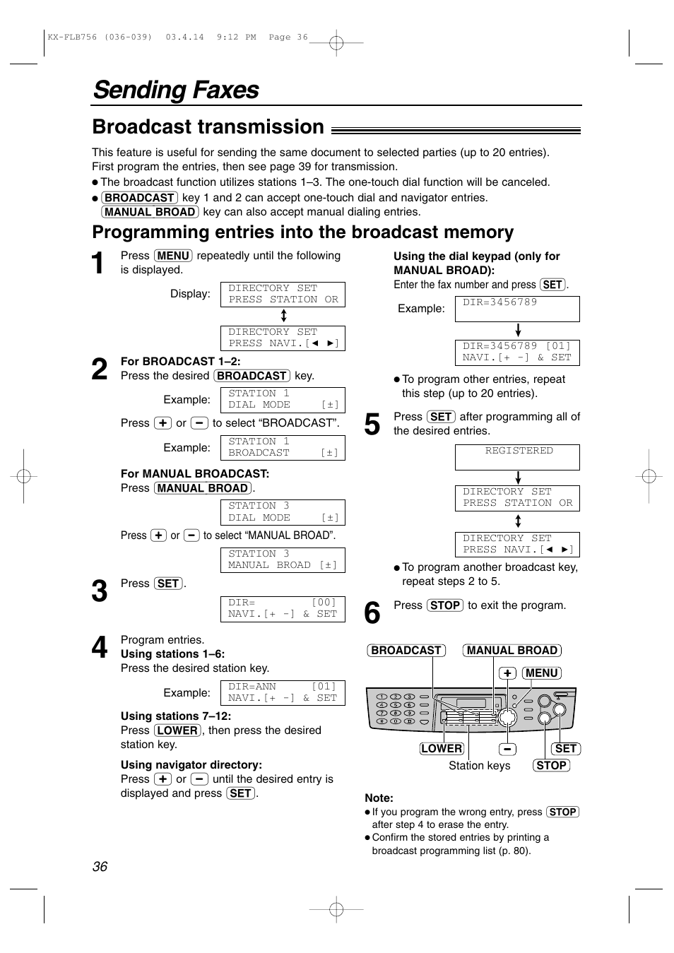 Sending faxes, Broadcast transmission | Panasonic KX-FLB756 User Manual | Page 36 / 92